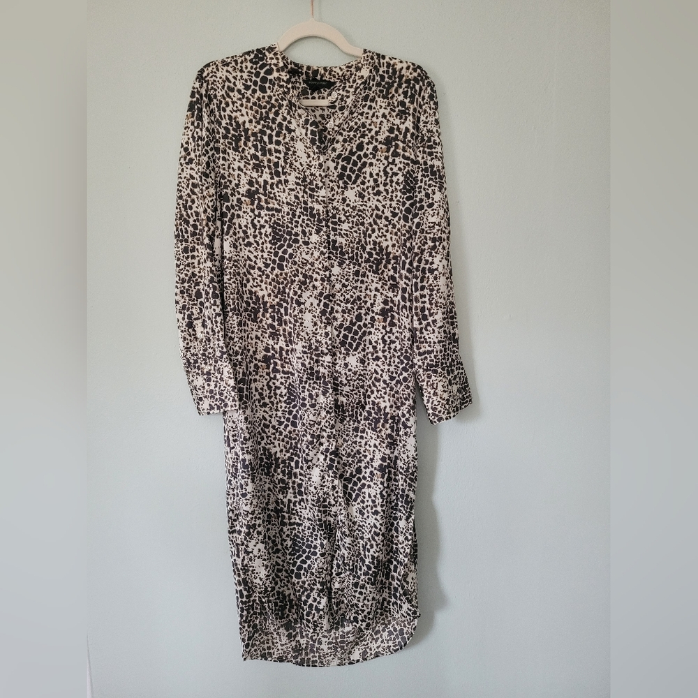 Cream and Black Animal-Print Long Sleeve Midi Dress - Banana Republic - Size S